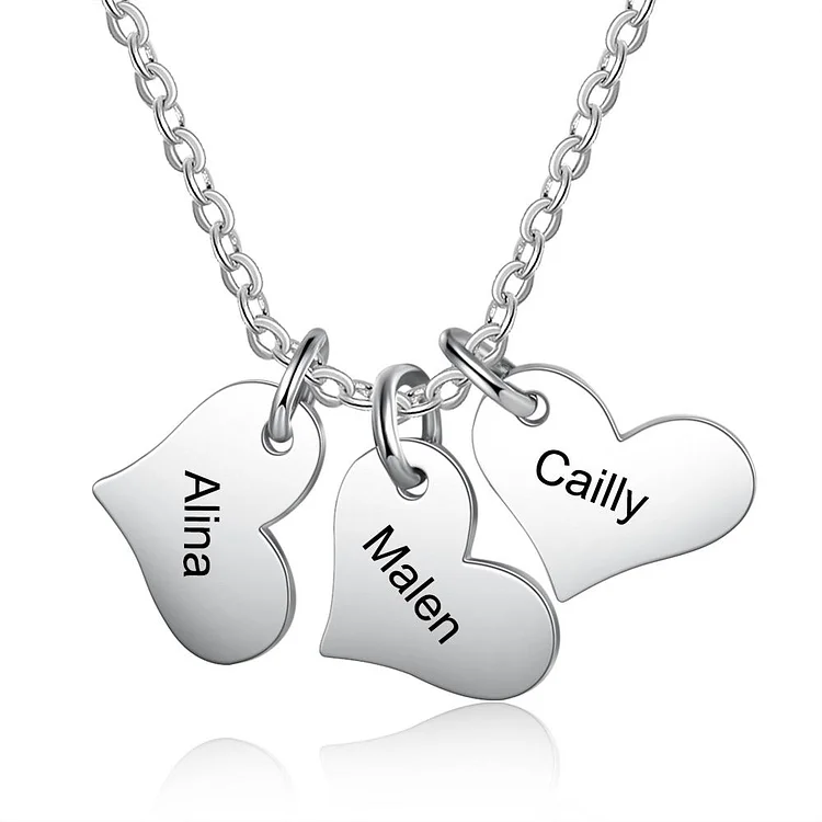 Heart Necklace Engraved 3 Names Personalized with 3 Heart Charms