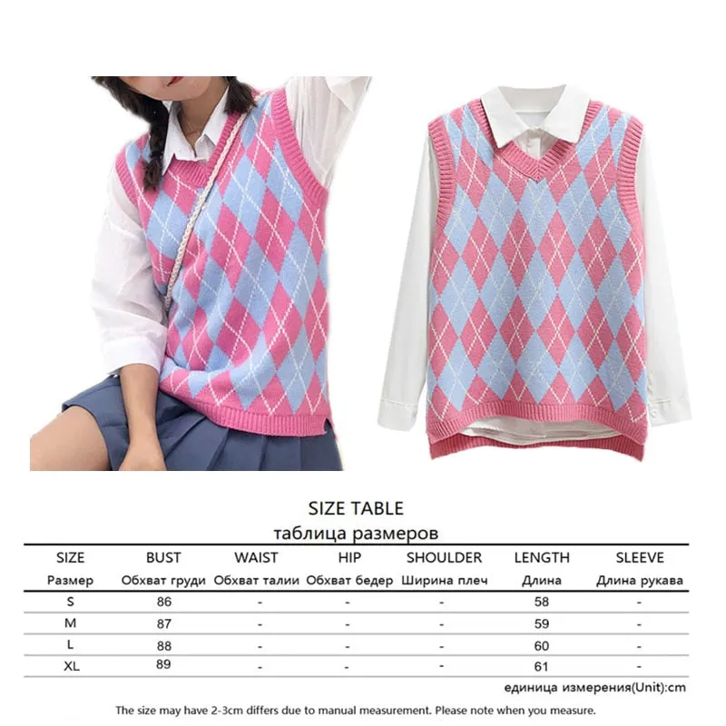 Argyle Sweater Vest Women  Black Sleeveless Plaid Knitted Crop Sweaters Casual Autumn Preppy Style 2020 tops V Neck Vintage