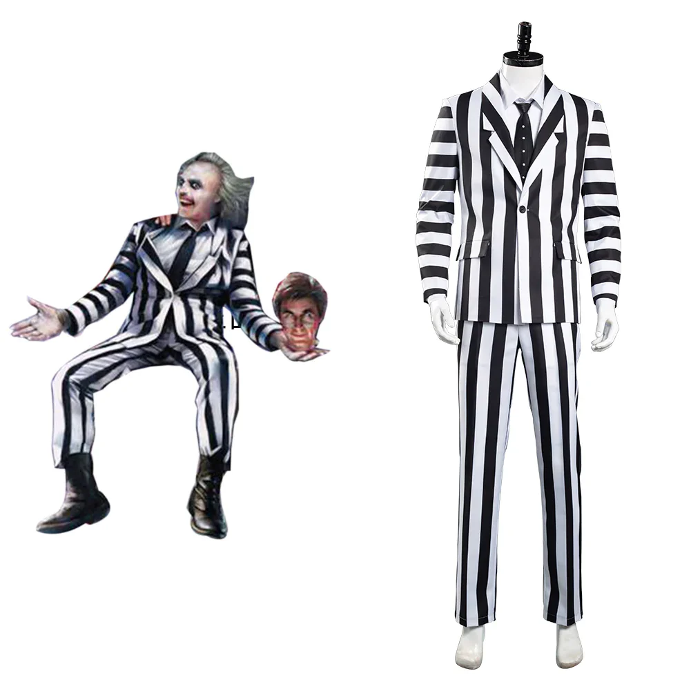 Beetlejuice Men Black and White Striped Suit Jacket Shirt Pants Outfit Adam Halloween Carnival Costume Cosplay Costume