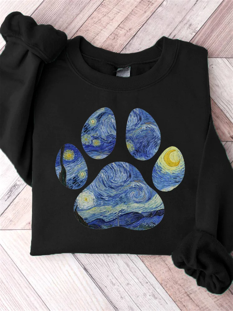 Oil Painting Starry Sky Dog Paw Print Sweatshirt