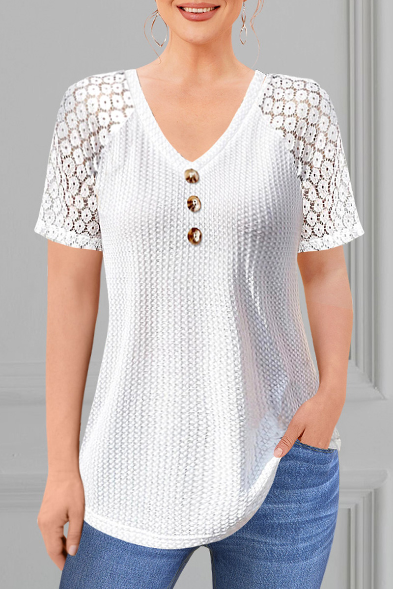 Flycurvy Plus Size Casual White Lace Stitching Decorative
Button Walf Checks Raglan Sleeve Blouse