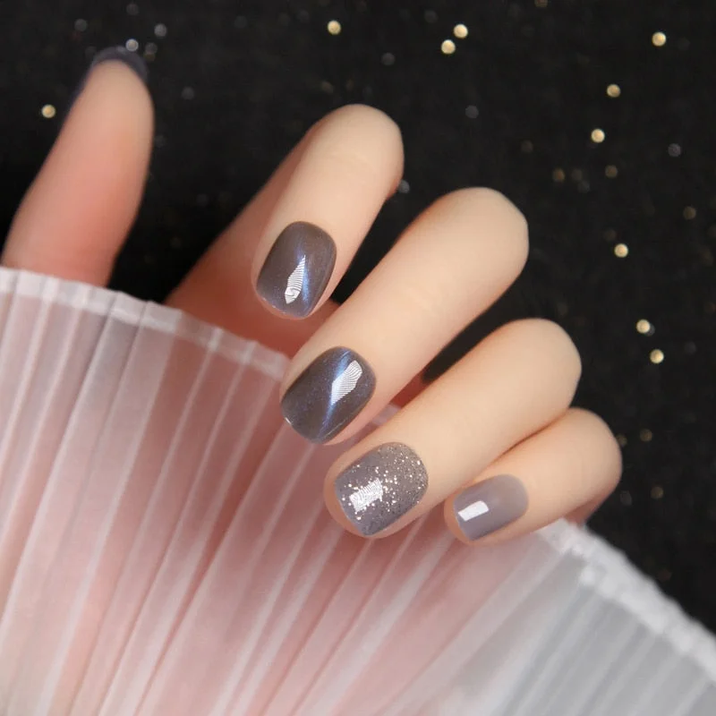 24pcs/box Wearable Finger Fake Nails press on Blue Grey Aurora Effect short size full cover Summer Patch  fake Fingernail tips-Nail Inspo