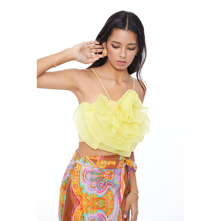 2025 New 3D Flowers Tulle Suspender Tube Top Yellow Two Piece Set