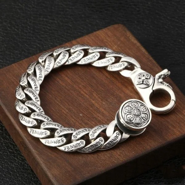 Sterling Silver Buddhist Mantra Vajra Pestle Curb Chain Bracelet
