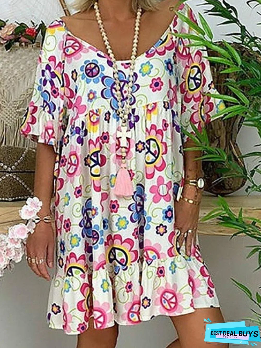 Women's Tunic Knee Length Dress - Short Sleeve Floral Print Summer Basic Hot White Blue Red Light Blue-0218817