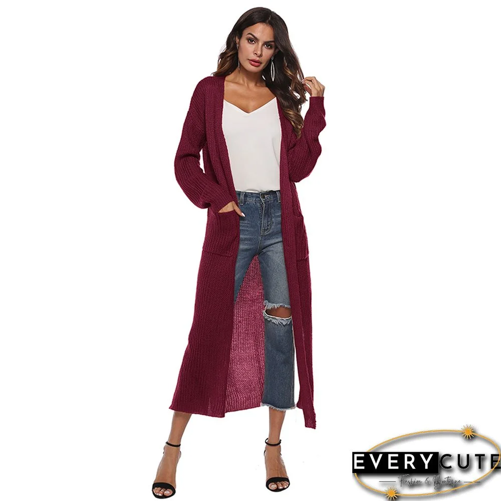 Wine Red Split Long Cardigan With Pockets