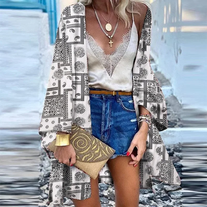 ZANZEA Women Cardigan Summer Open Front Bohemian Floral Printed Blouse Kimono Casual Loose Beach Tops Vintage Long Sleeve Blusas