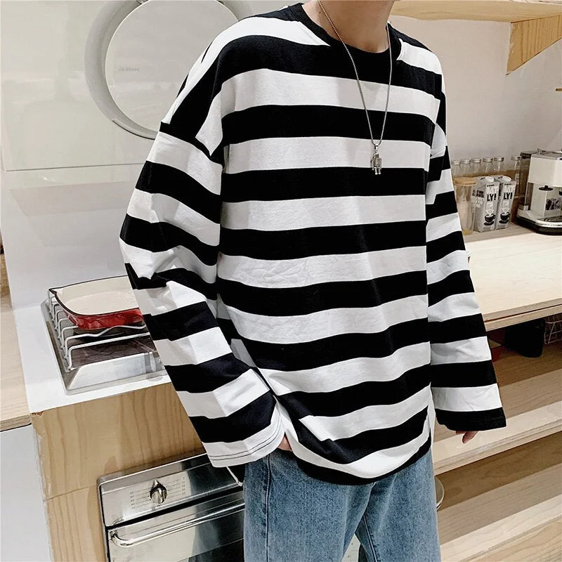 Oversized Hip Hop Brief Striped Men T-Shirt Long Slevees Funny Korean Version Casual Clothes O-Neck Fashion Harajuku Streetwear