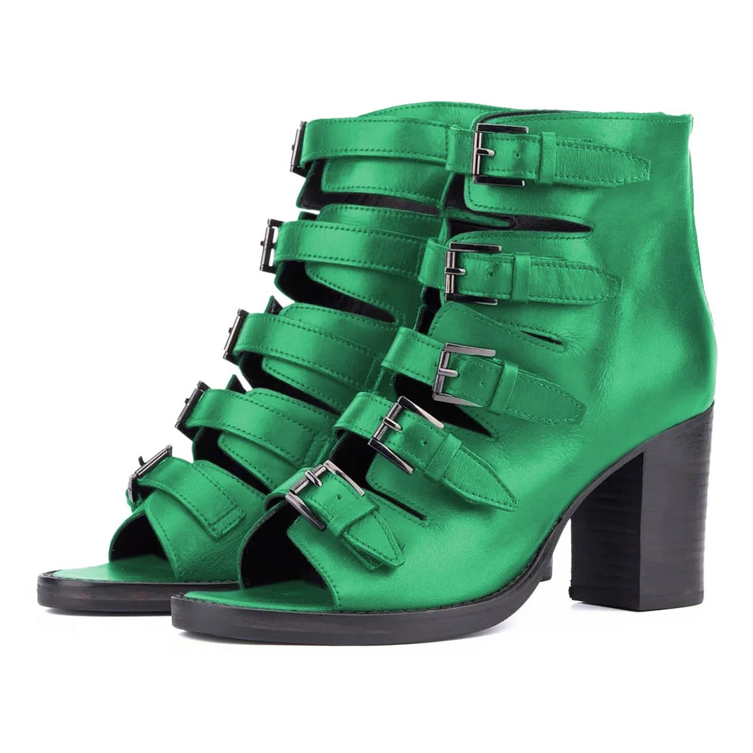 Green Peep Toe Chunky High Heel Buckled Hollow-Out Summer Sandals
