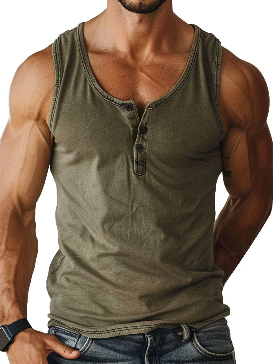 Men's Round Neck Button Retro Solid Color All-Match Casual Tank