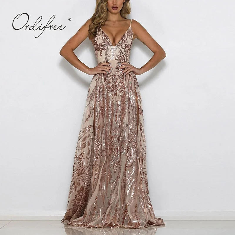 Ordifree 2022 Summer Women Long Party Dress Spaghetti Strap Transparent Mesh Maxi Sexy Backless Gold Sequin Dress