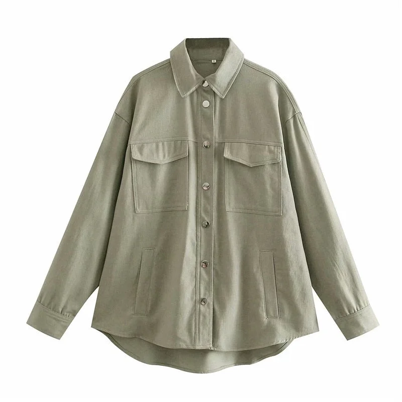 Za 2021 Buttoned Overshirt Women Long Sleeve Front Pockets Vintage Casual Shirts Chic Plus Size Summer Top Feminine Loose Shirts