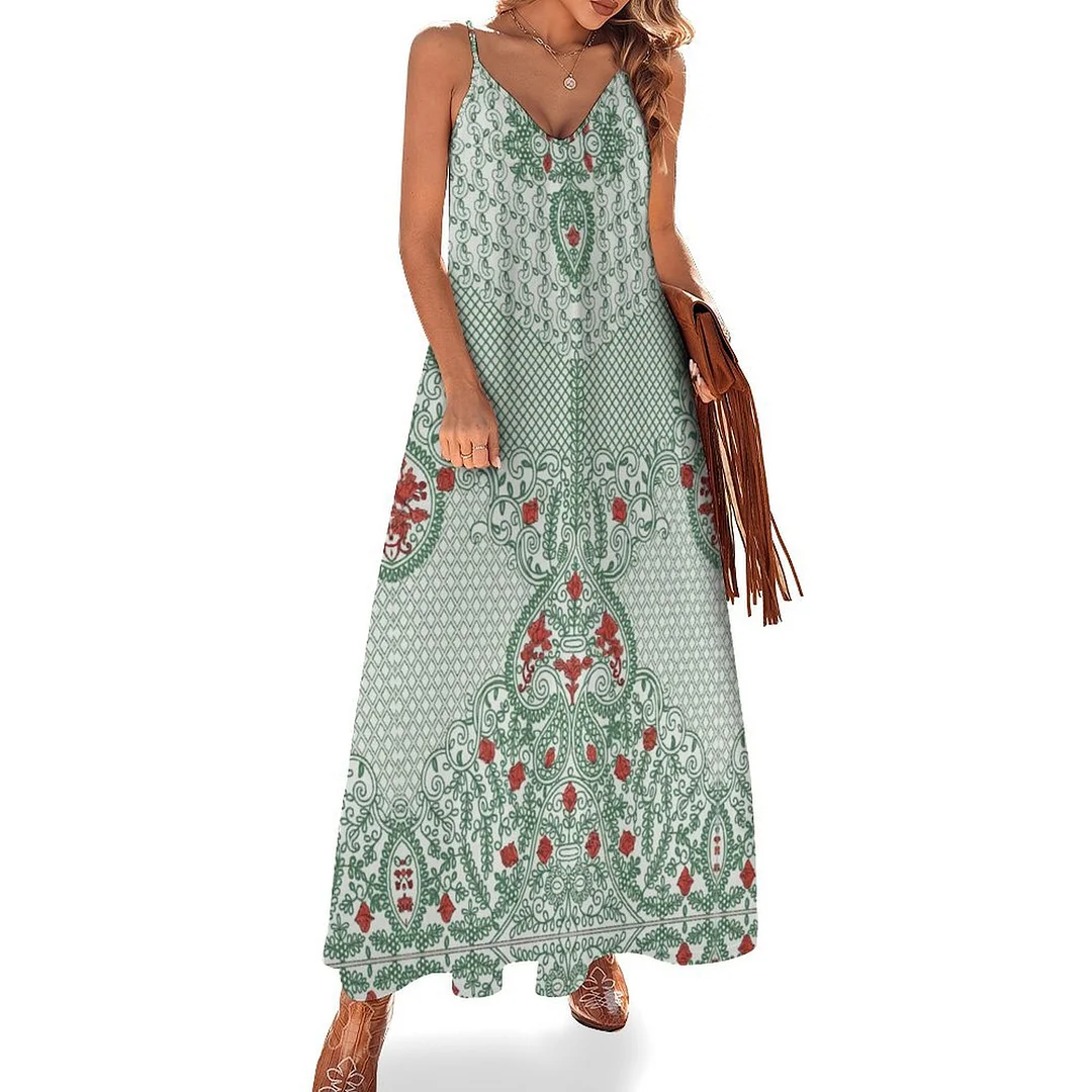 Style & Comfort for Mature Women Plus Size Printed Sling Casual Women Maxi Dress in Pattern Green, Pink, Vintage