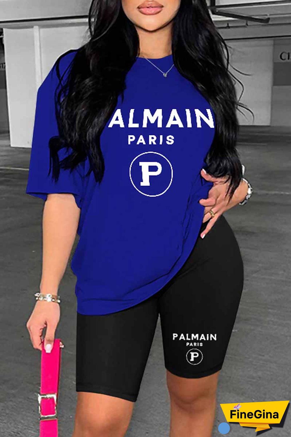 Blue Casual Print Letter O Neck Short Sleeve Two Pieces