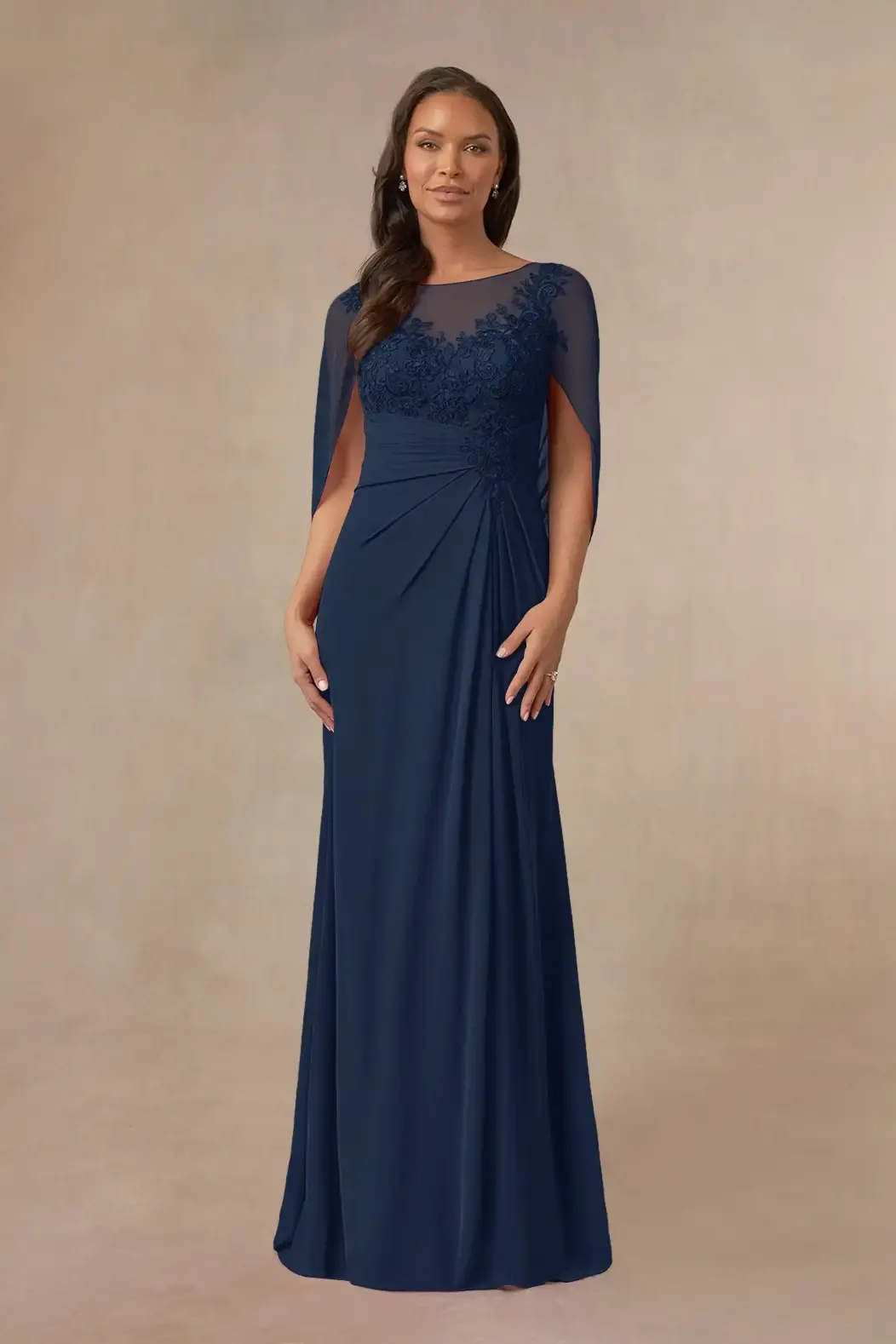 Daisda Chiffon Cape Sleeves Long Pleated A-Line Mother Of The Bride Dress With Appliques And Slit