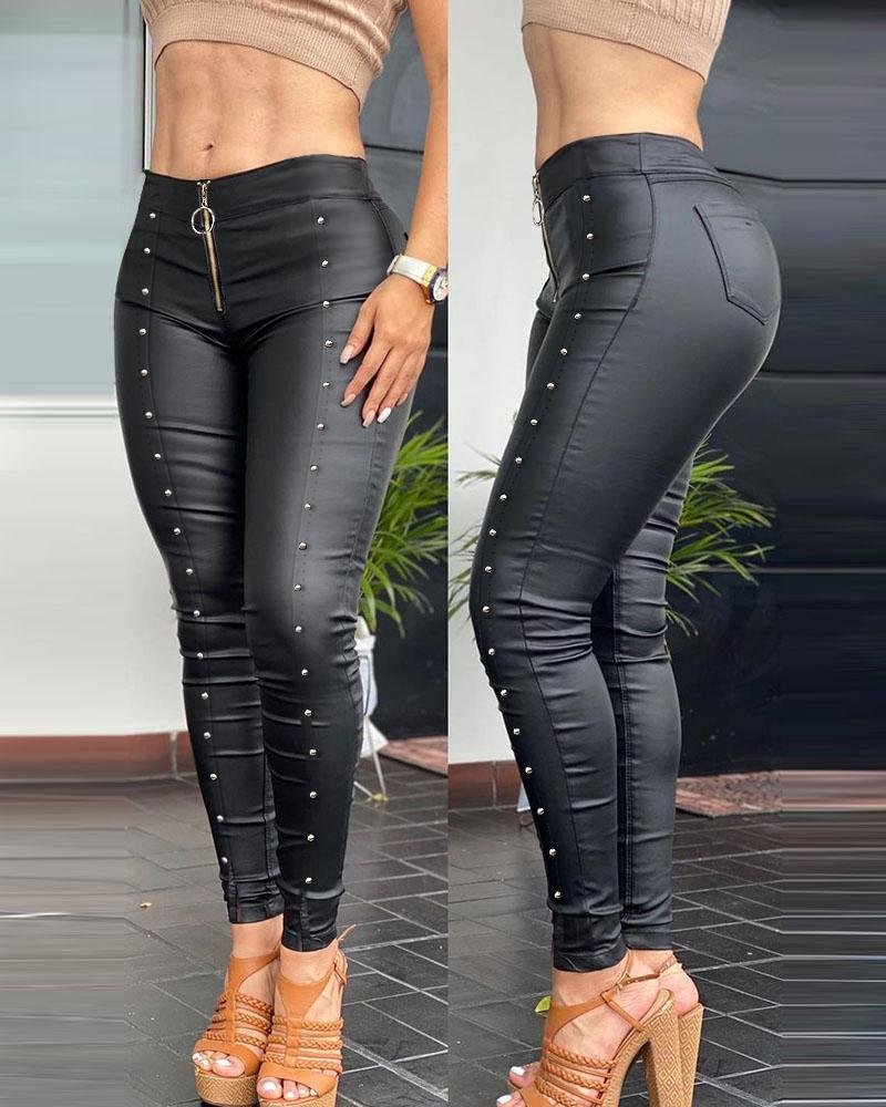 Zipper Fly Beaded Skinny PU Leather Pants-verytown-Allyzone