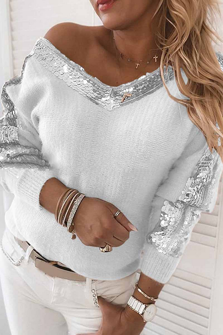 V-Neck Sequined Long Sleeve Sweater