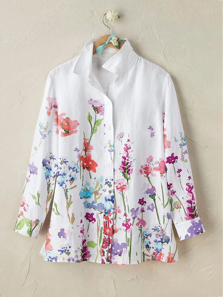 Women's Casual Floral Embroidery Print Cotton Shirt