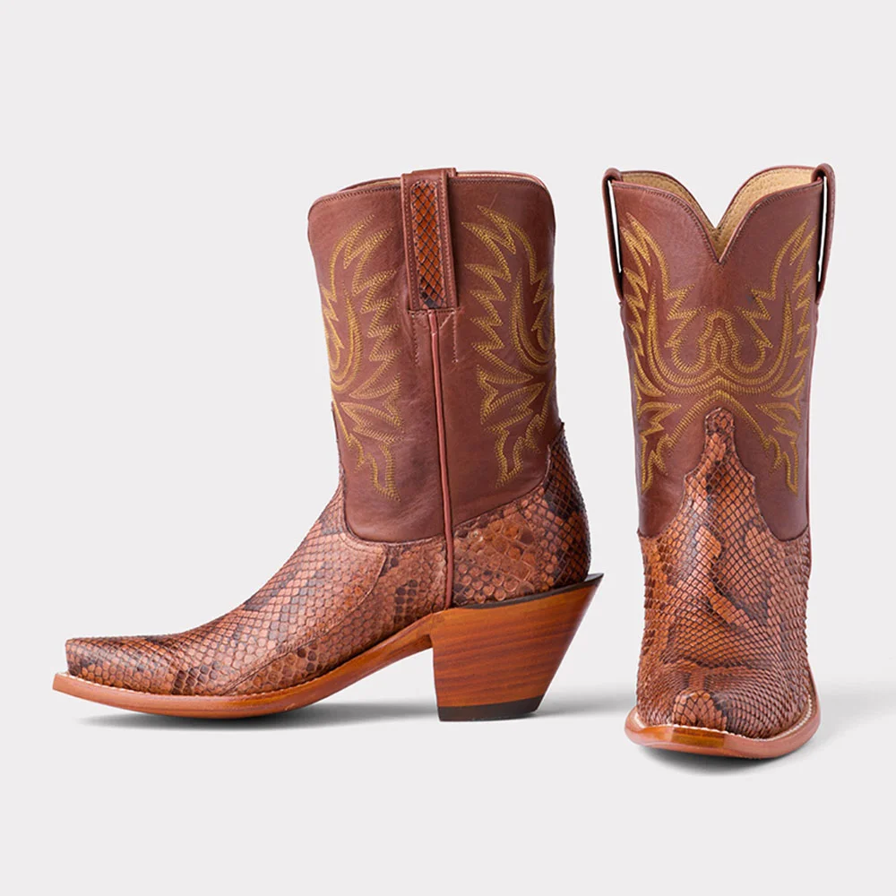 Brown Python-Embossed Stacked Heel Embroidered Cowboy Boots for Women
