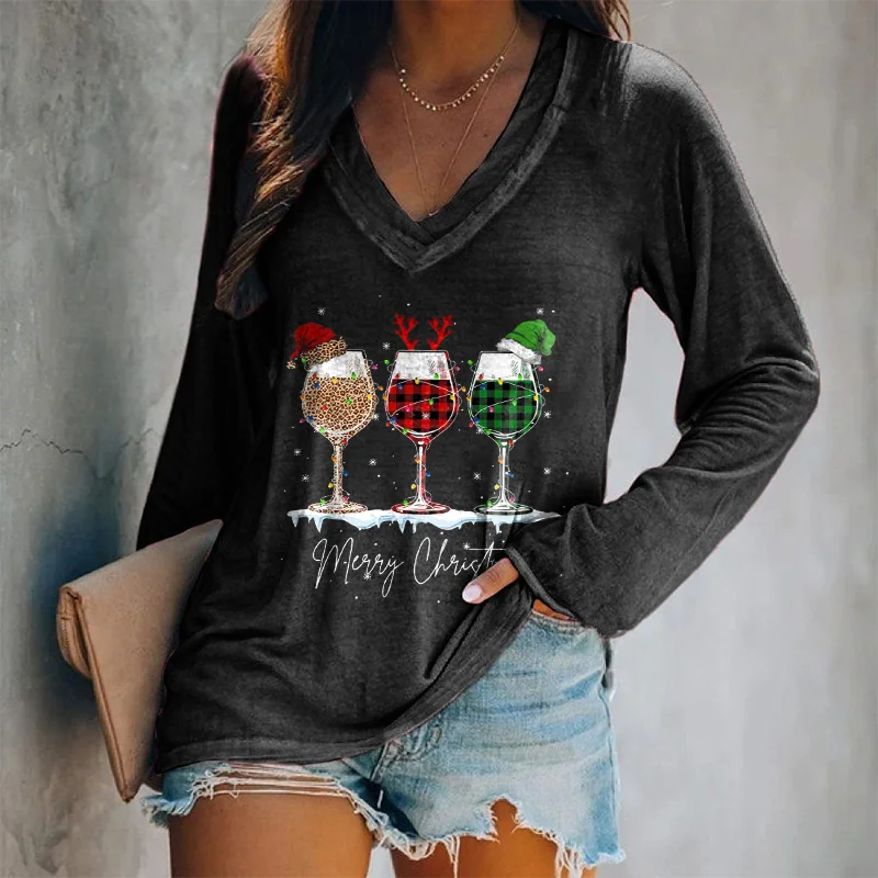Merry Christmas Hat Printed V-neck Casual T-shirt
