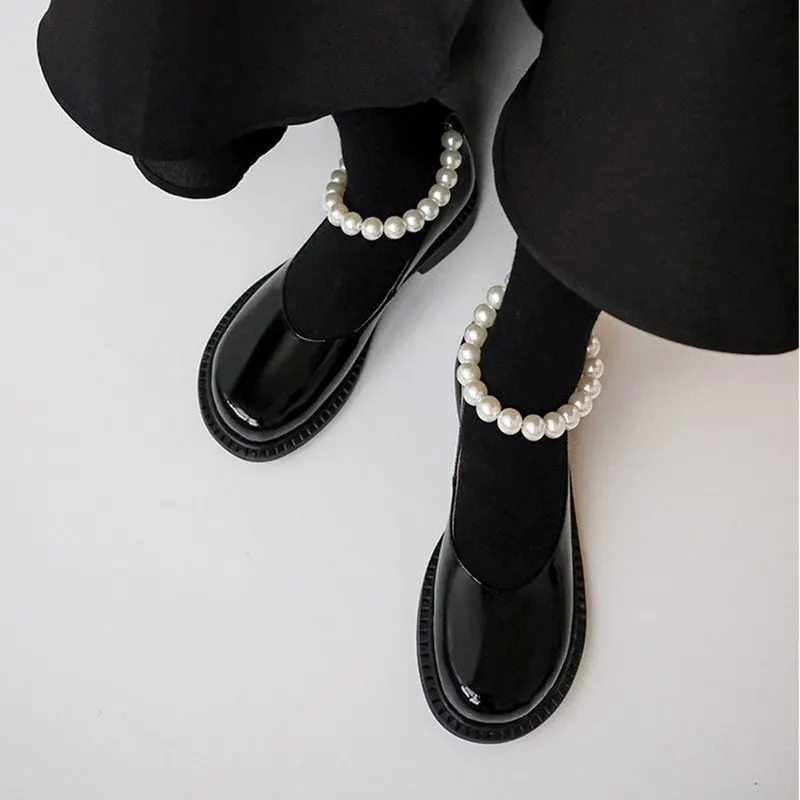 Lucyever Patent Leather Pearl Strap Mary Jane Shoes Woman New Round Toe Low Heels Women Pumps Lovely Girls Cosplay Lolita Shoes