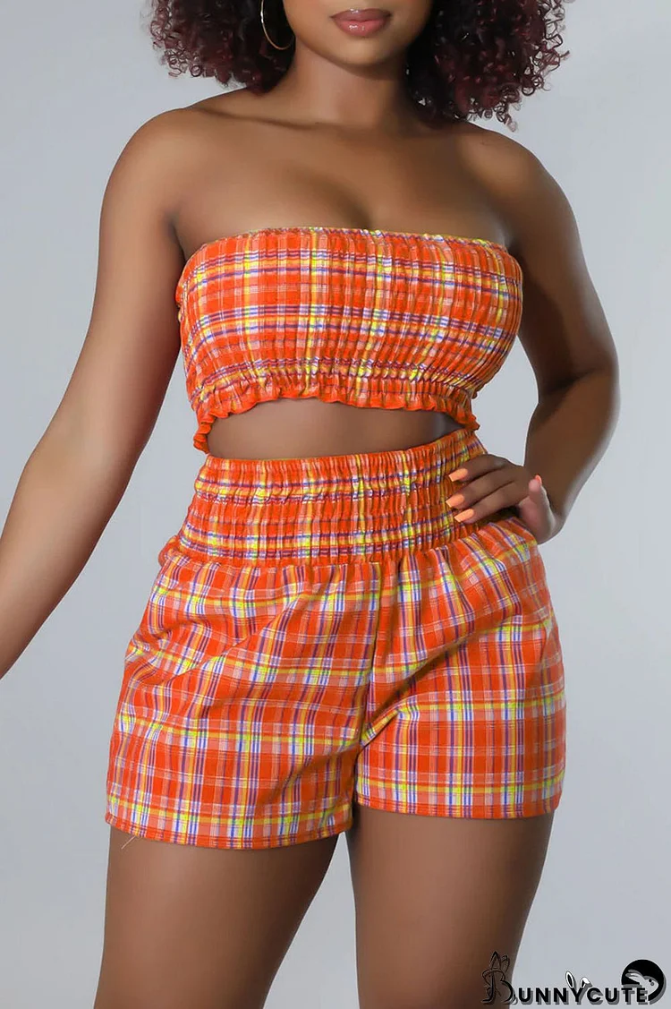 Tangerine Red Casual Plaid Print Split Joint Strapless Sleeveless Two Pieces