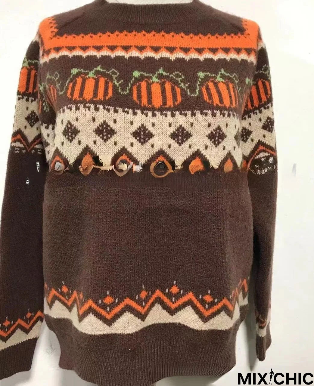 Brown Long Sleeve Vintage Cotton Crew Neck Sweater