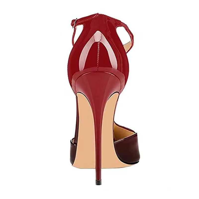 120mm Womens T-Strap Pumps High Heels Red Black Patent Pumps-vocosishoes