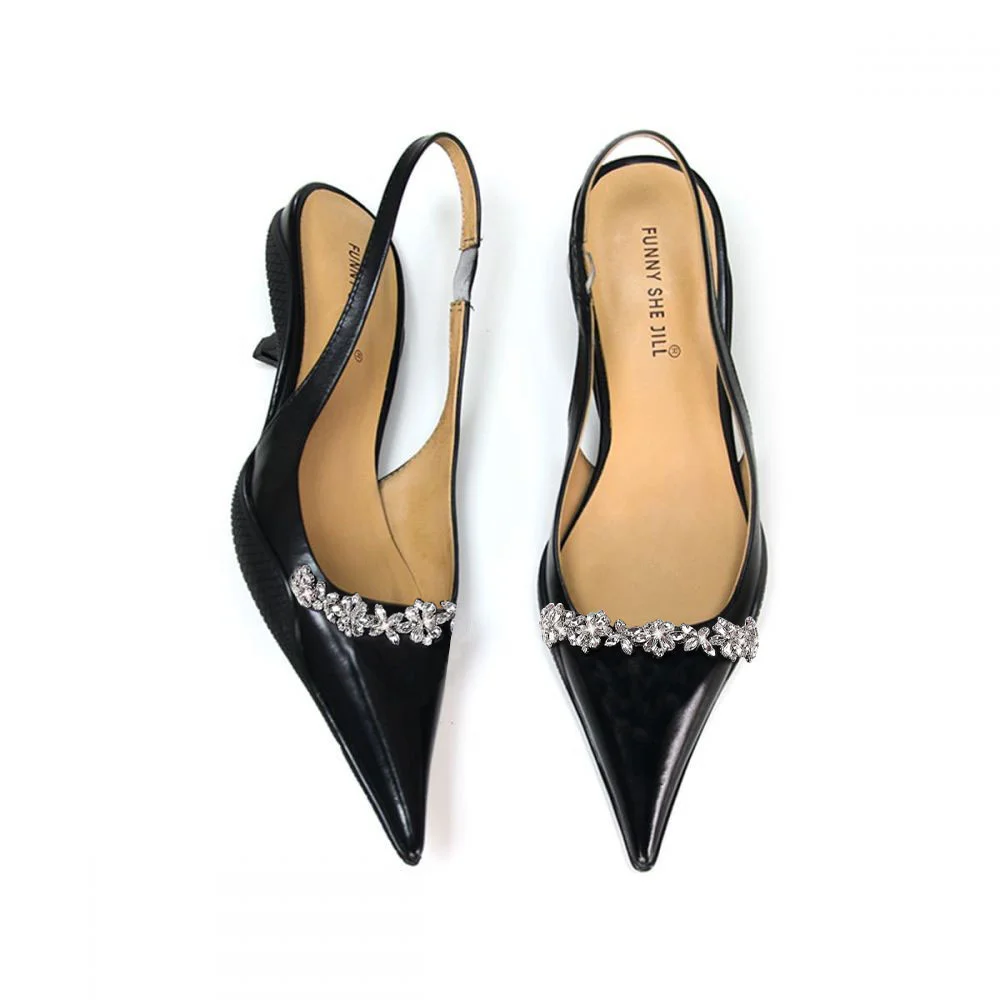 Black Rhinestone Pointed Toe Comma Heel Slingback Pumps Nicepairs