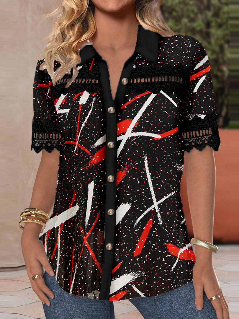 Women Short Sleeve V-neck Polka Dot Printed Graphic Lace Hollow Stitching Button Tops