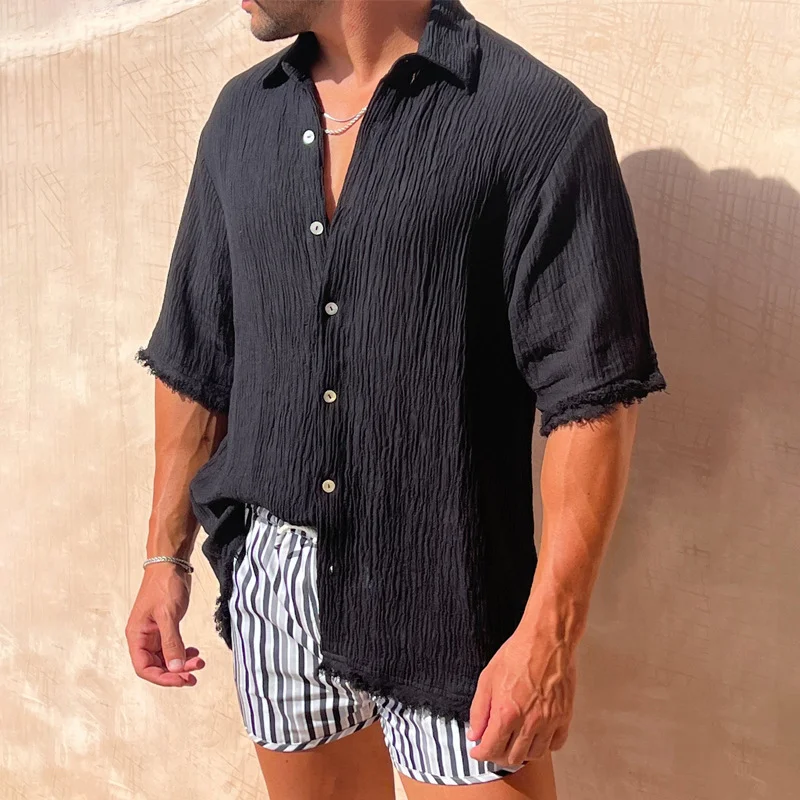 2026 Men's Cotton-Linen Shirt &mdash; Short Sleeve, Casual, Loose-Fit, Solid Color, Trendy, Turn-Down Collar, Button-Down Shir-INSPIREUSE