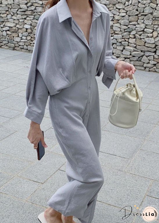 Plus Size Elegant Grey Blue Button Cotton Shirt Dress