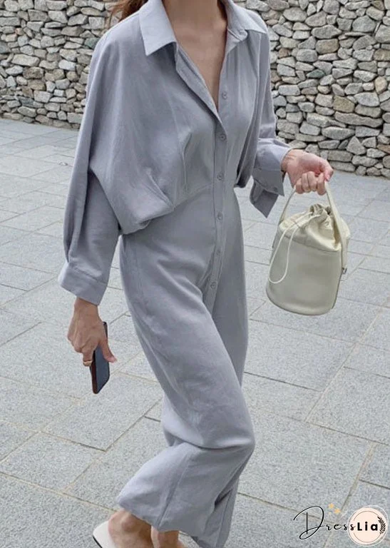 Plus Size Elegant Grey Blue Button Cotton Shirt Dress