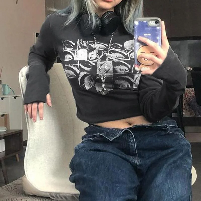 Uveng Uveng Dark Wind Eye Print Slim Long Sleeve T-Shirt Jacket Female 2023 Spring And Autumn INS New Top