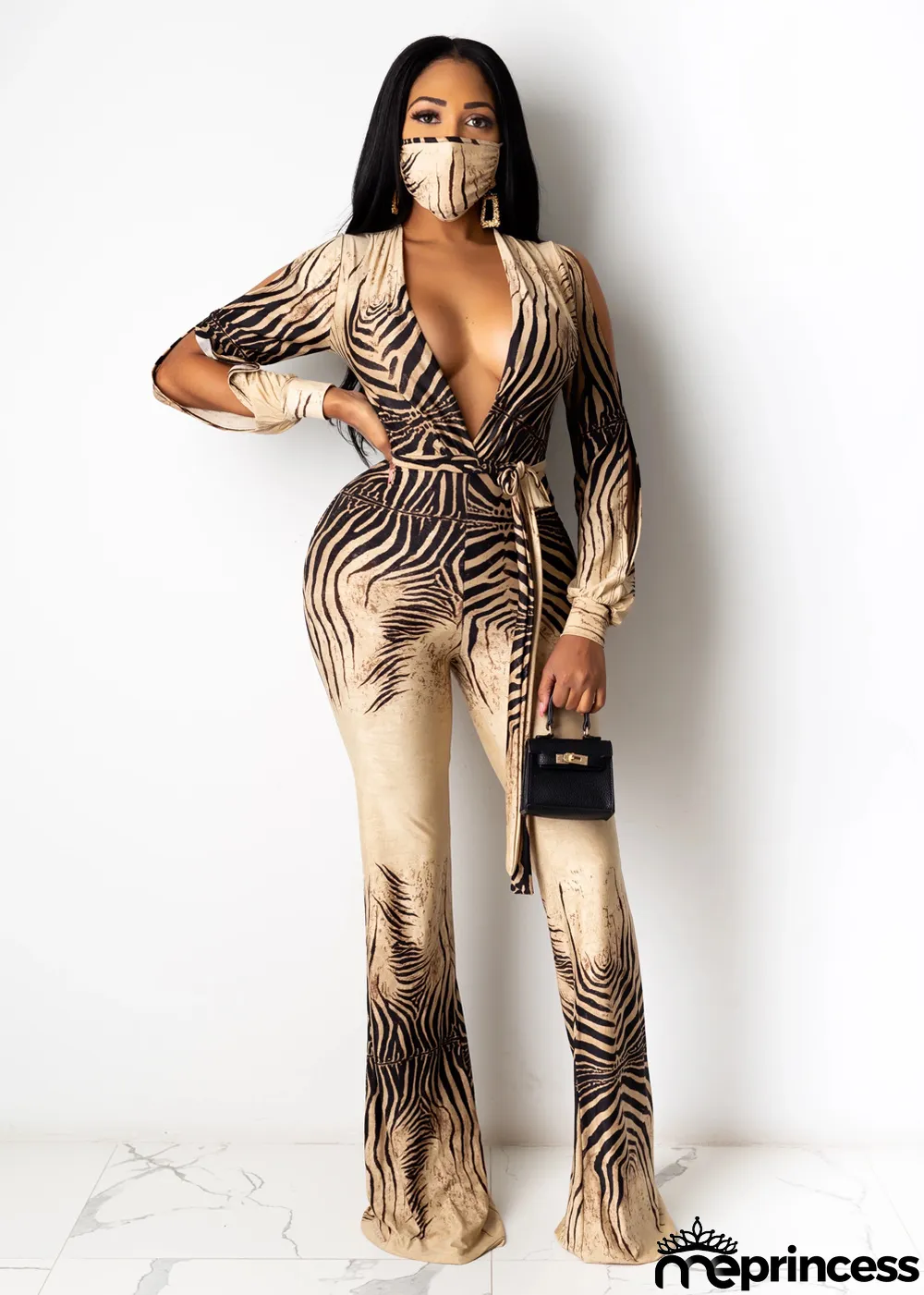 Sexy Deep V Long Sleeve Wide Leg Jumpsuits With Mask