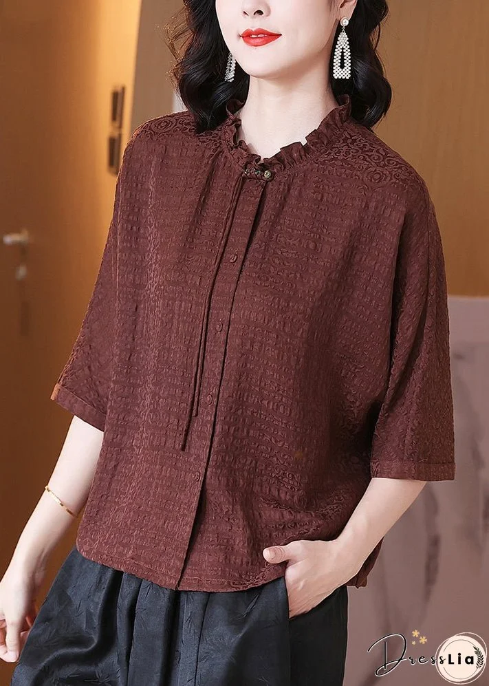 Loose Brown Ruffled Button Silk Blouse Spring