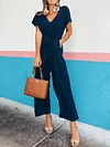 V-Neck Short Sleeve Loose Solid Color Simple Jumpsuit