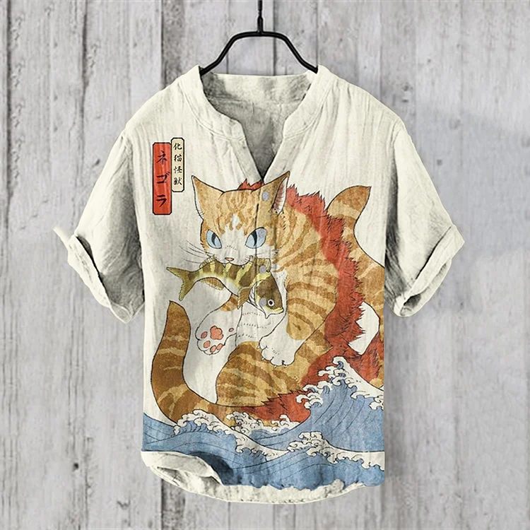 Abstract Creative Japanese Waves And Godzilla Cat Art Linen Blend Shirt