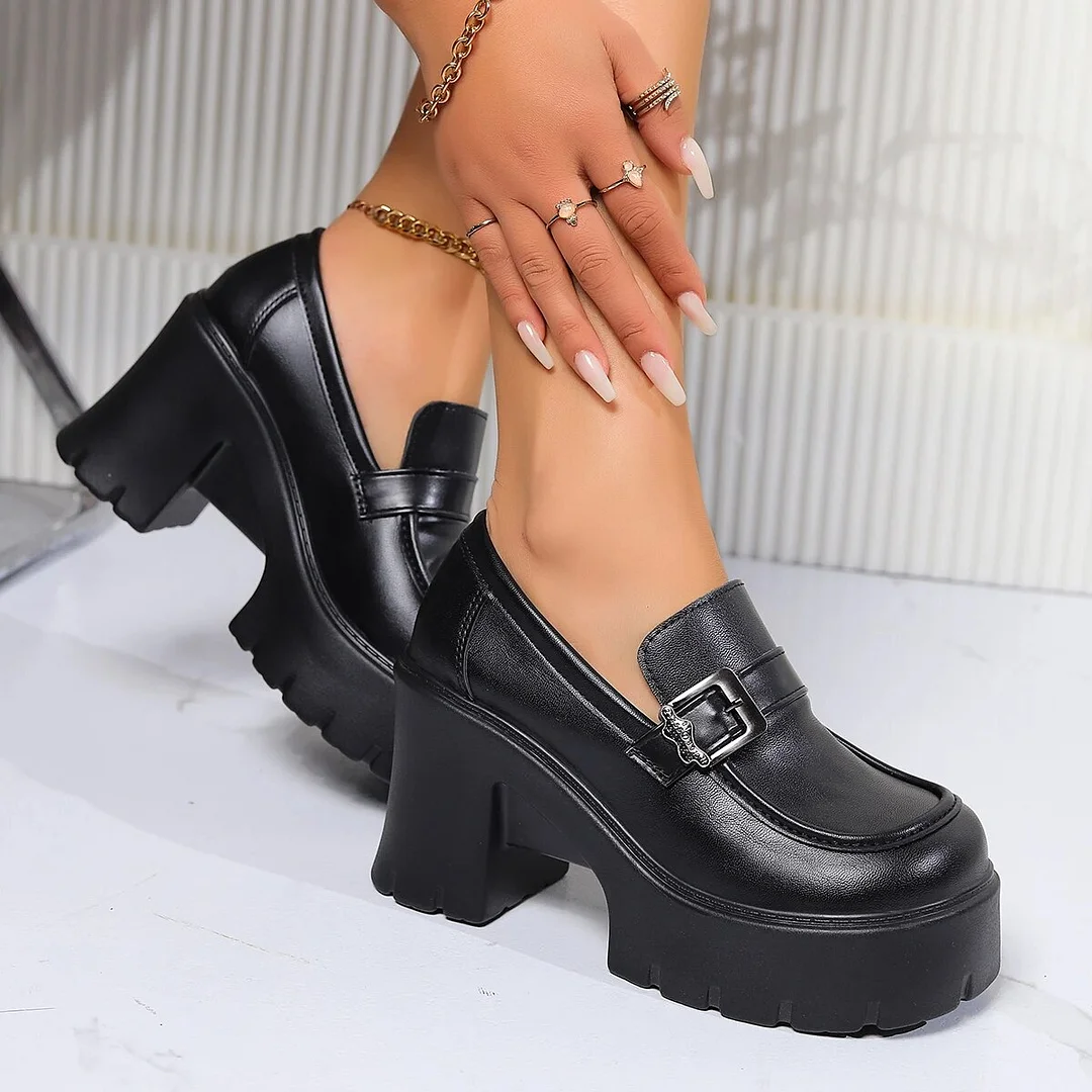 Yyvonne Black Chunky Heels Pumps Women Pu Leather Platform Loafers Woman Fashion Metal Buckle High Heels Dress Shoes Mary Janes
