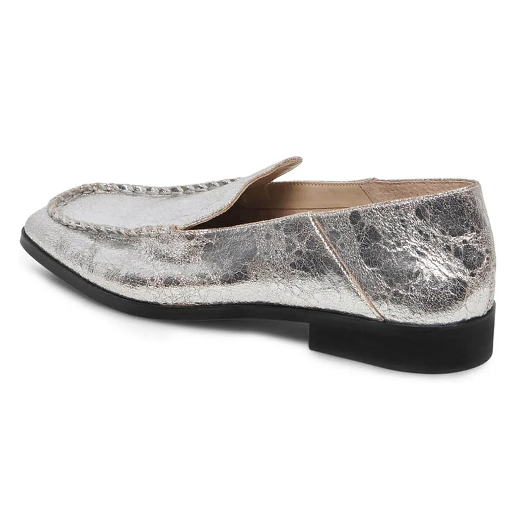 Silver Office Dressy Slip-On Square Toe Flat Loafer Shoes Women