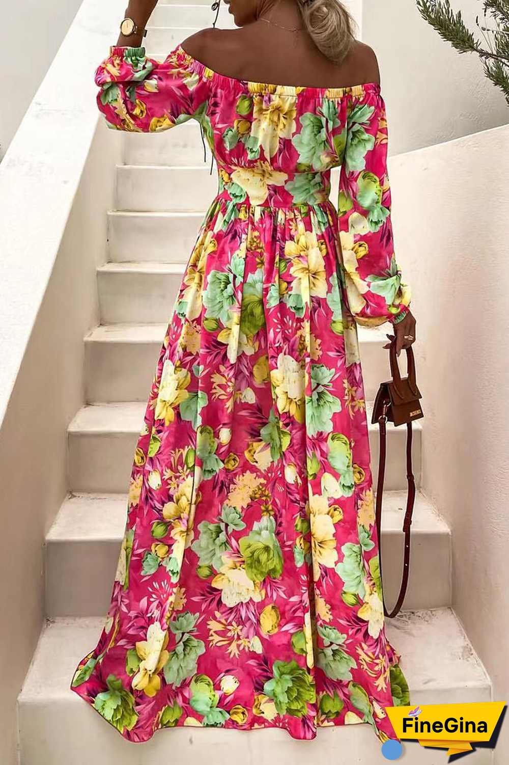 Casual Print Split Joint Off the Shoulder Cake Skirt Dresses(3 colors)
