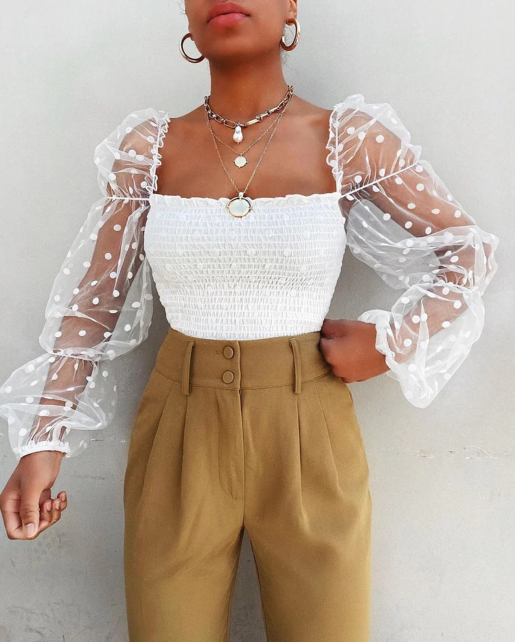 Women Mesh Sheer Blouse Chiffon See-through Long Sleeve Top Shirt Blouse Fashion Organza Transparent White Shirt Female Blouse