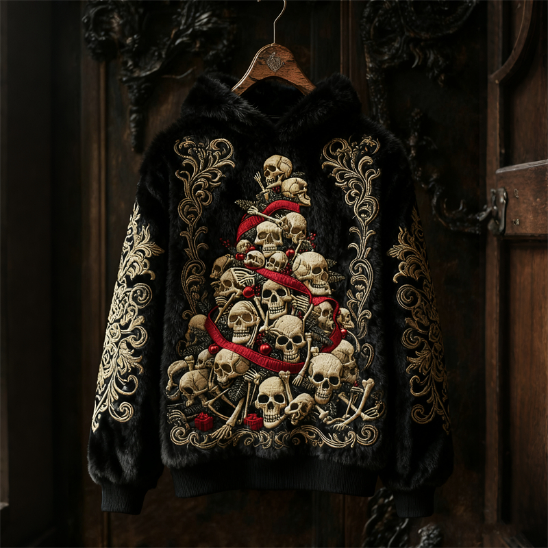 Gothic Dark Christmas Tree Of Skulls Cozy Plush Hoodie elevenforest