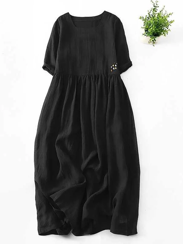 Women's dress black temperament artistic loose wide hem cotton and linen skirt socialshop