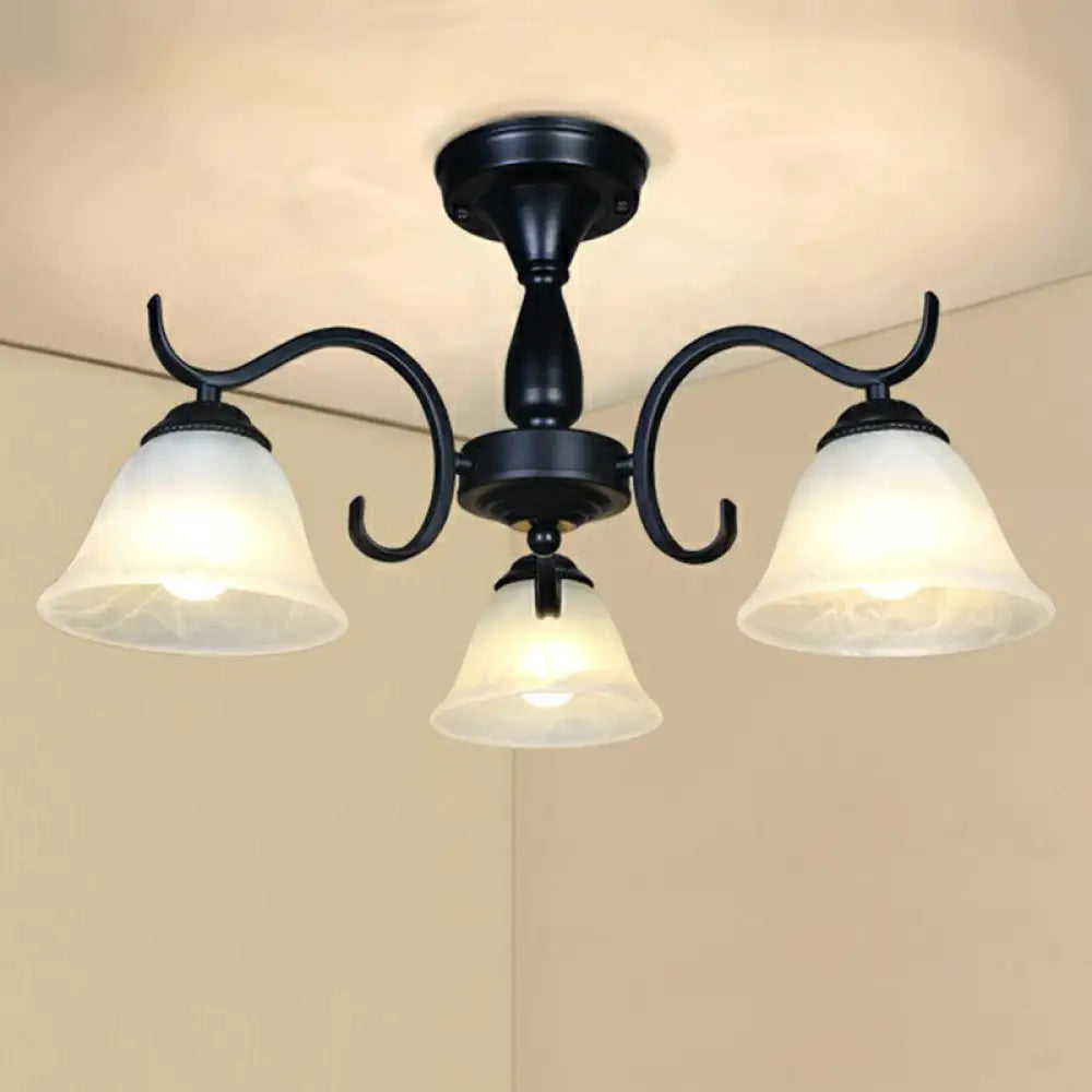 Vintage Opal Glass Semi Flush Mount Chandelier - Black Bell Shaped Ceiling Light For Living Room 3