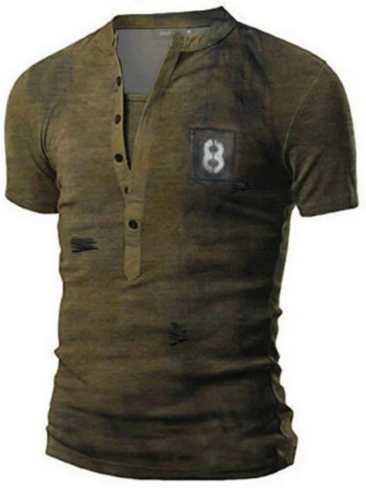 Men's Summer Personality V-neck Retro Military 3D Print Casual Short-sleeved T-shirt Breathable Tops