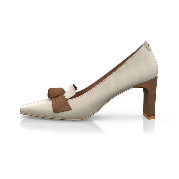 Women's Elegant Beige Square Toe Block Heel Pumps with Bow |FSJ Shoes