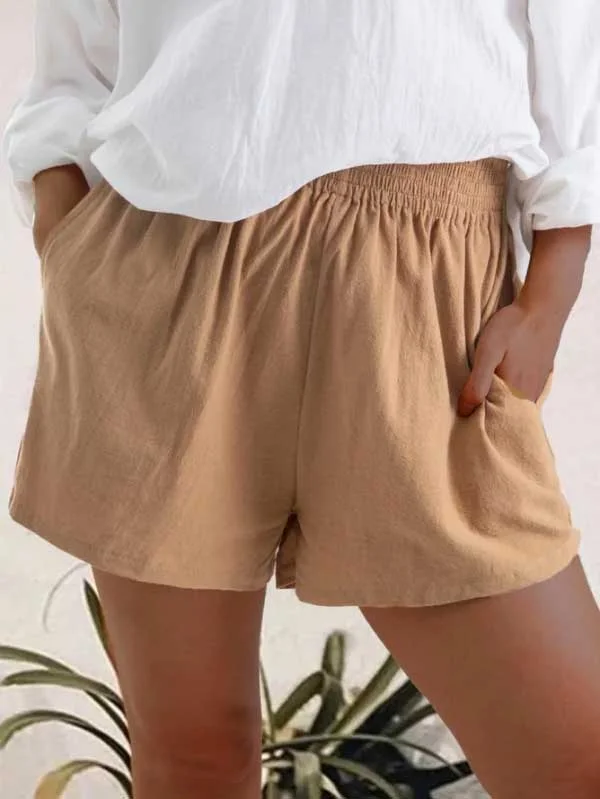 High waist solid color casual linen pocket straight shorts-Mayoulove