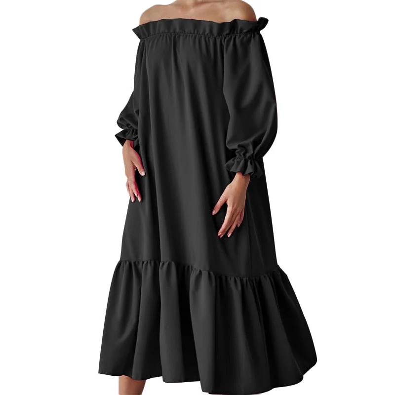 Holiday Swing Dress VONDA 2022 Women Sexy Off Shoulder Party Ruffled Dress Beach Sundress Casual Vestidos Oversized Robe Femme