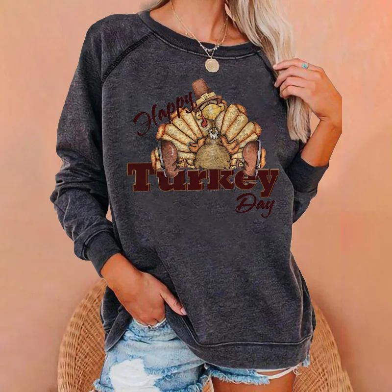 Happy Turkey Day Print Round Neck Trendy Sweatshirt